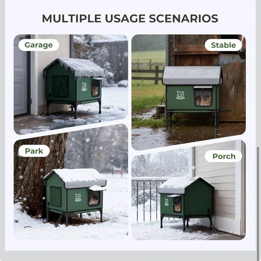 Apisiri Weatherproof Insulated Green Outdoor Cat House with Anti-Peep Curtains